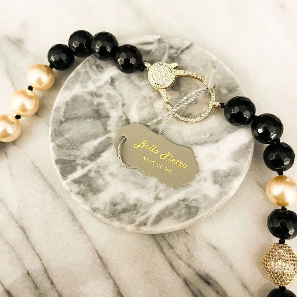 Bella Pietra Black Onyx Beaded Necklace | Pearl Accent‎ Crystal Clasp | NWT